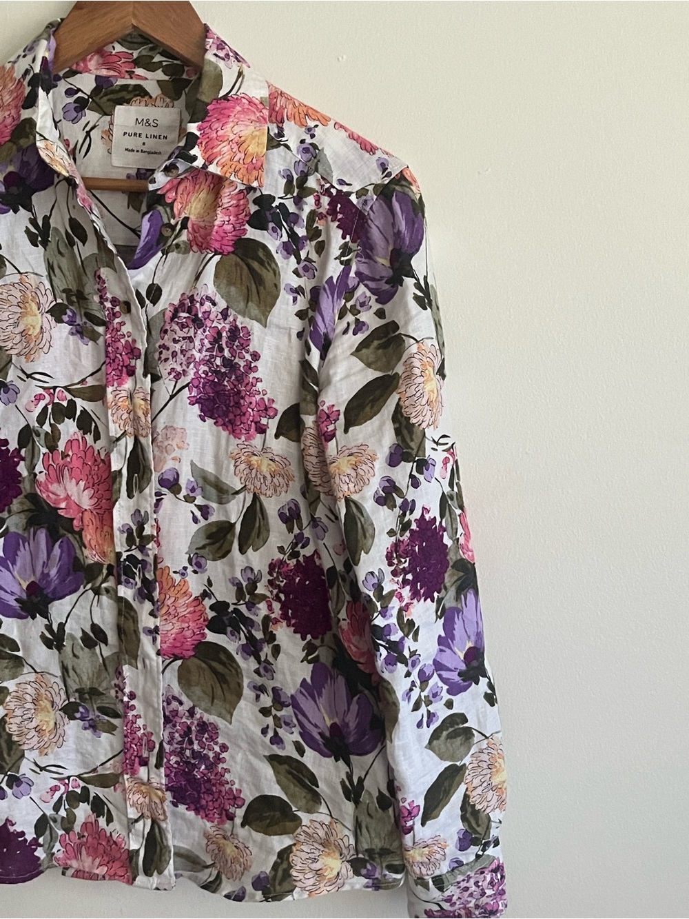 M&S Pure Linen Floral Button-Up — Purple & Pink Bloom- Small PTP 20 inch - Picture 5 of 7